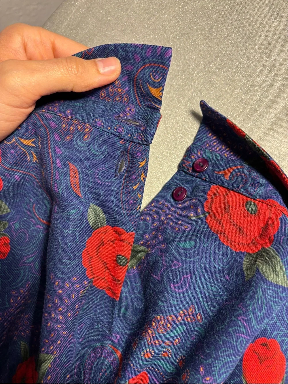 Vintage Pendleton Navy Floral Pleated Blouse and Midi Skirt Set with Red Rose